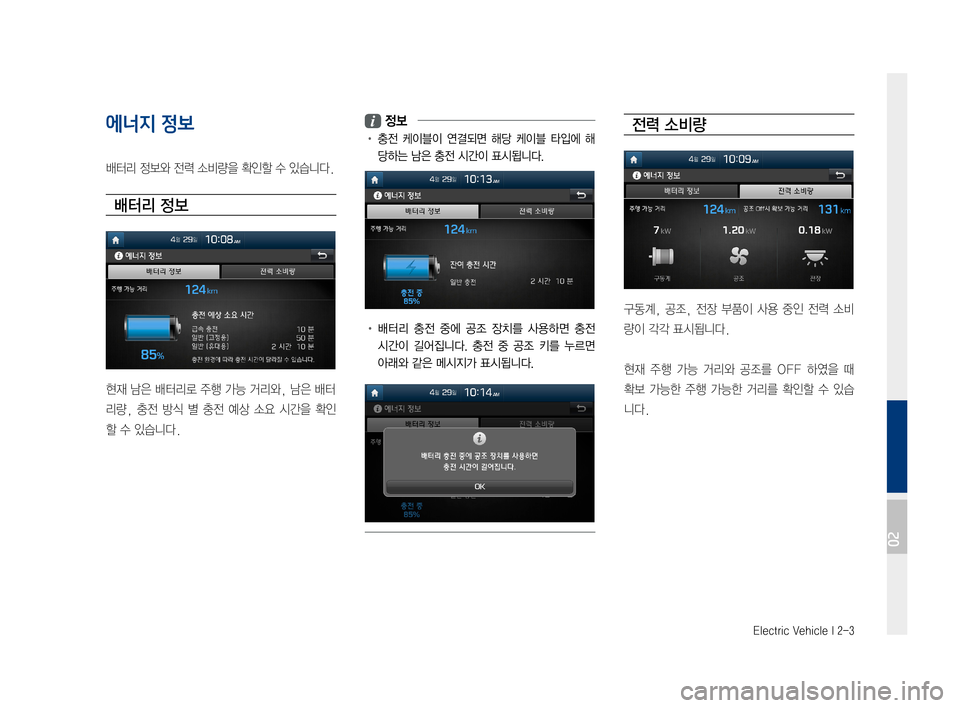 Hyundai Ioniq Electric 2016  표준4 내비게이션 (in Korean) Electric Vehicle I 2-3
에너지 정보
배터리	정보와	전력	소비량을	확인할	수	있습니다.
배터리 정보
현재	남은	배터리로	주행	가능	거리와,	남은	배터
리량,	