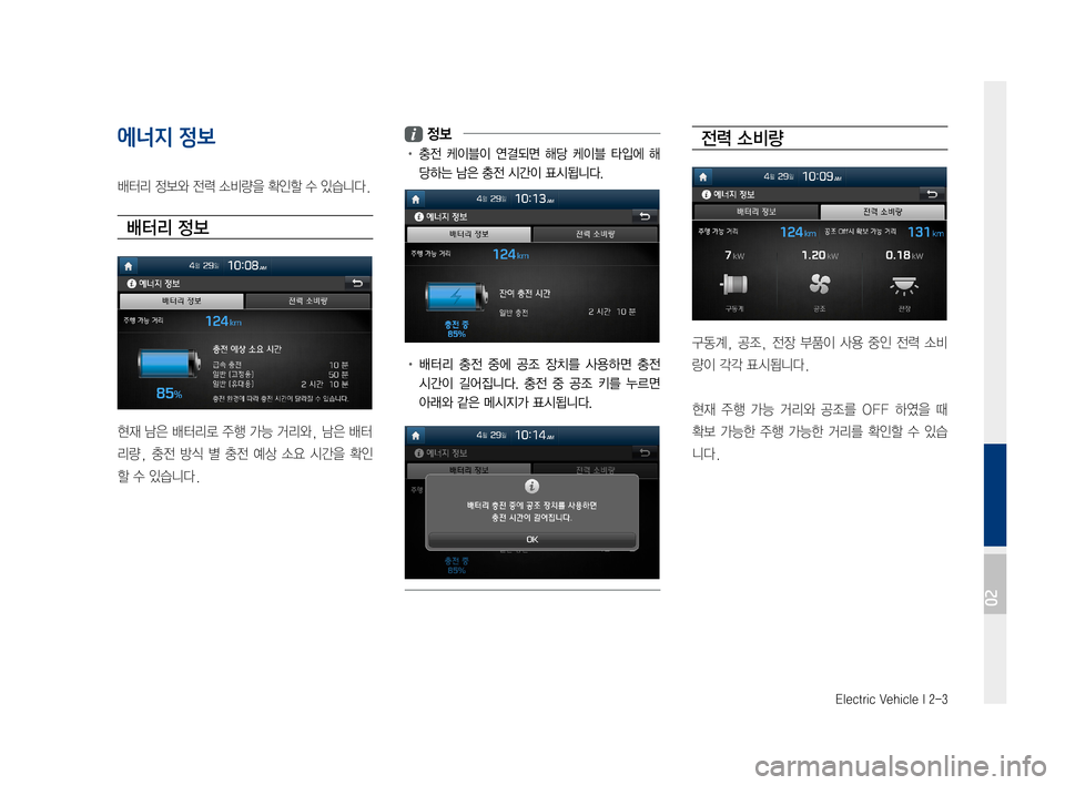 Hyundai Ioniq Electric 2016  표준4 내비게이션 (in Korean) Electric Vehicle I 2-3
에너지 정보
배터리	정보와	전력	소비량을	확인할	수	있습니다.
배터리 정보
현재	남은	배터리로	주행	가능	거리와,	남은	배터
리량,	�