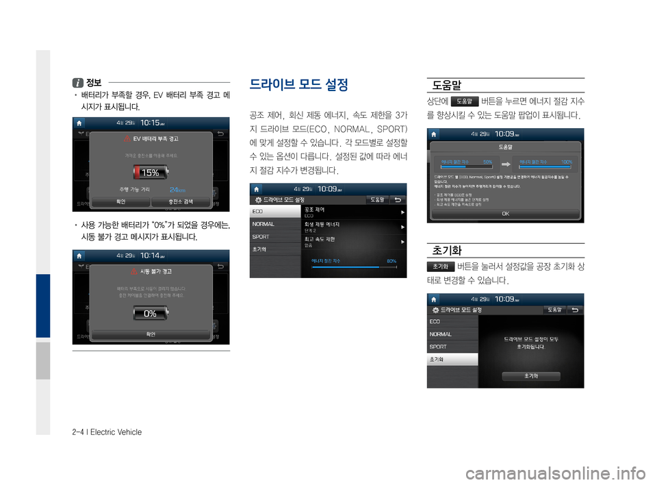 Hyundai Ioniq Electric 2016  표준4 내비게이션 (in Korean) 2-4 I Electric Vehicle
 정보
•		 배터리가	부족할	경우,	EV	배터리	 부족	경고	메
시지가	표시됩니다.
•		 사용	가능한	 배터리가	 “0%”가	되었을	경우에는,