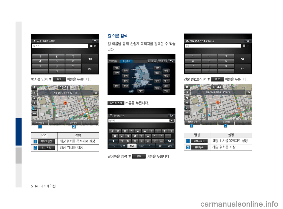 Hyundai Ioniq Electric 2016  표준4 내비게이션 (in Korean) 5-14 I 내비게이션
번지를	입력	후		버튼을	누릅니다.
명칭설명
	해당	위치를	목적지로	설정
	해당	위치를	저장
길 이름 검색
길	이름을	 통해	손쉽게	 목