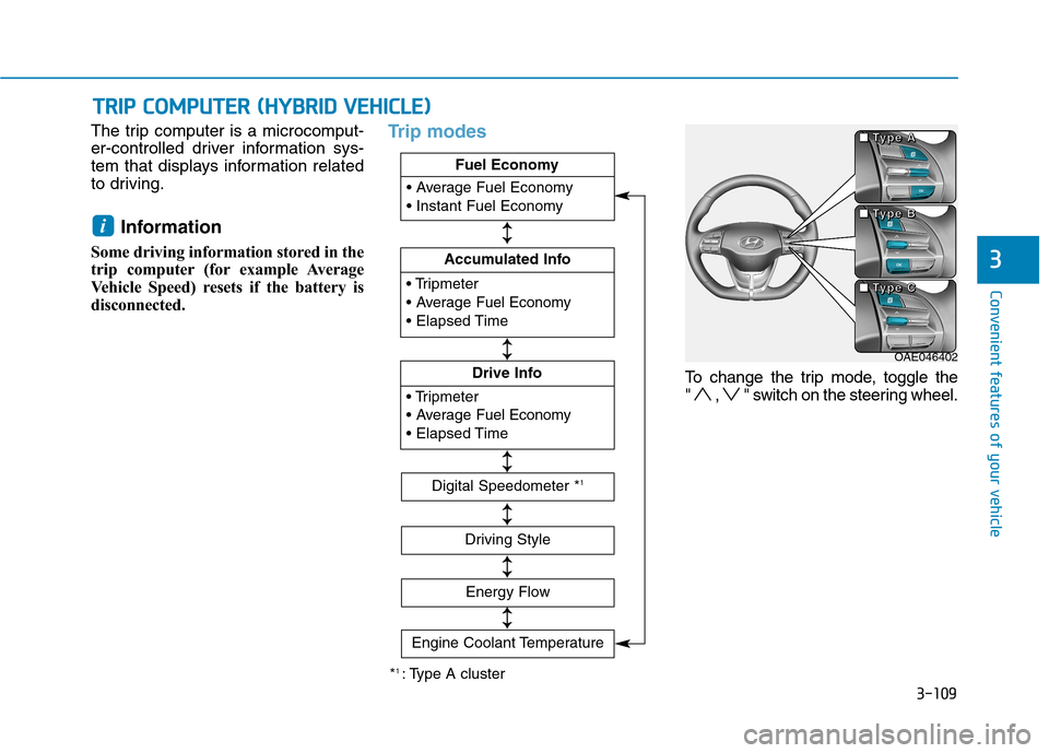 Hyundai Ioniq Hybrid 2020 User Guide 3-109
Convenient features of your vehicle
3
The trip computer is a microcomput-
er-controlled driver information sys-
tem that displays information related
to driving.
Information 
Some driving inform