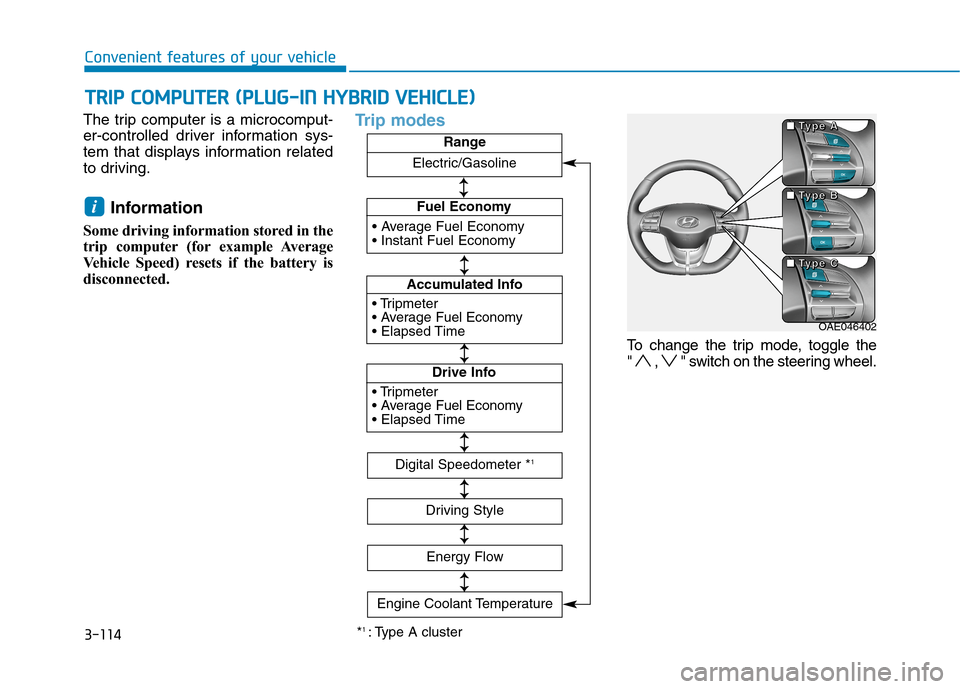 Hyundai Ioniq Hybrid 2020  Owners Manual 3-114
Convenient features of your vehicle
The trip computer is a microcomput-
er-controlled driver information sys-
tem that displays information related
to driving.
Information 
Some driving informat