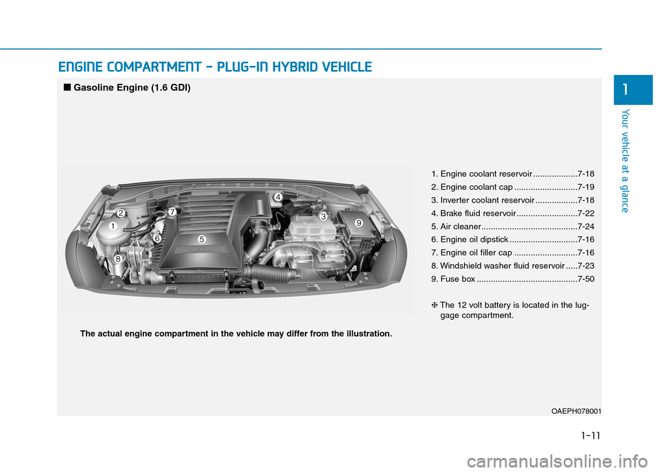 Hyundai Ioniq Hybrid 2020 Owners Guide 1-11
Your vehicle at a glance
1
E EN
NG
GI
IN
NE
E
C
CO
OM
MP
PA
AR
RT
TM
ME
EN
NT
T
-
-
P
PL
LU
UG
G-
-I
IN
N
H
HY
YB
BR
RI
ID
D
V
VE
EH
HI
IC
CL
LE
E
1. Engine coolant reservoir .......... Hyundai Ioniq Hybrid 2020 Owners Guide 1-11
Your vehicle at a glance
1
E EN
NG
GI
IN
NE
E
C
CO
OM
MP
PA
AR
RT
TM
ME
EN
NT
T
-
-
P
PL
LU
UG
G-
-I
IN
N
H
HY
YB
BR
RI
ID
D
V
VE
EH
HI
IC
CL
LE
E
1. Engine coolant reservoir ..........