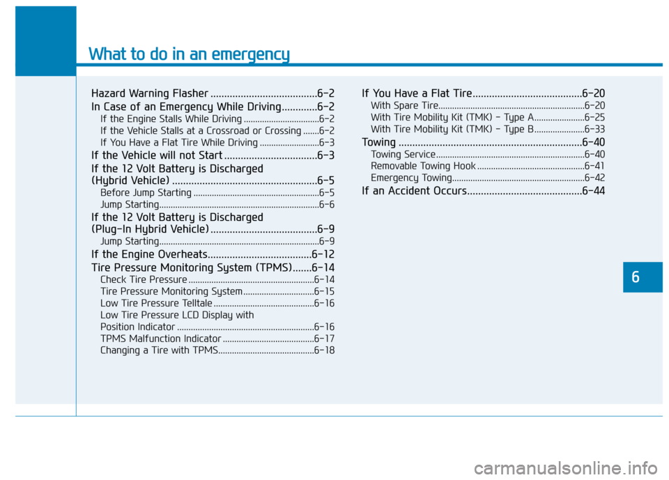 Hyundai Ioniq Hybrid 2020  Owners Manual What to do in an emergency
6
Hazard Warning Flasher .......................................6-2
In Case of an Emergency While Driving.............6-2
If the Engine Stalls While Driving ................