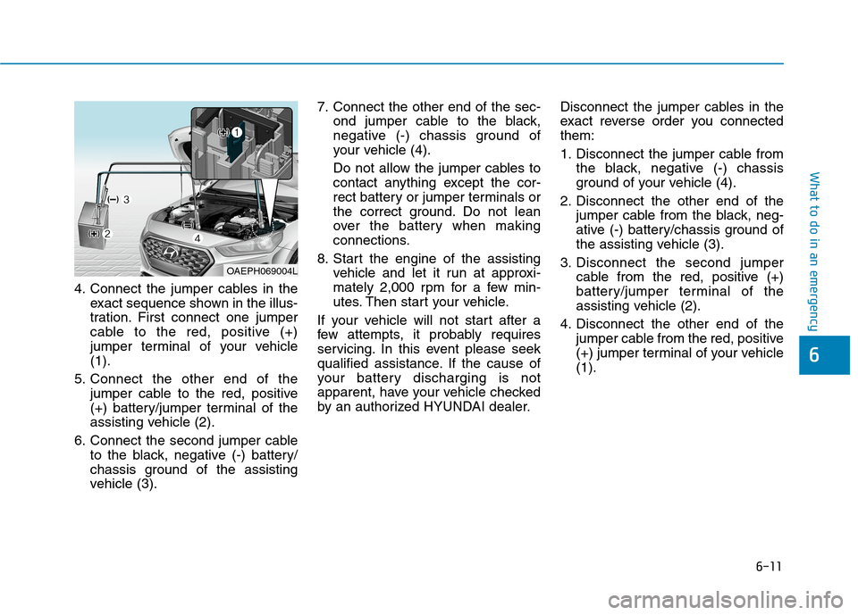 Hyundai Ioniq Hybrid 2020  Owners Manual 6-11
What to do in an emergency
4. Connect the jumper cables in the
exact sequence shown in the illus-
tration. First connect one jumper
cable to the red, positive (+)
jumper terminal of your vehicle
