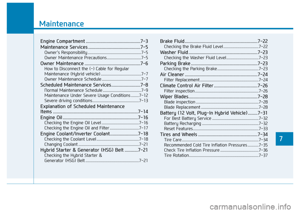 Hyundai Ioniq Hybrid 2020 Owners Guide 7
Maintenance
7
Maintenance
Engine Compartment .............................................7-3
Maintenance Services ...........................................7-5
Owners Responsibility .............