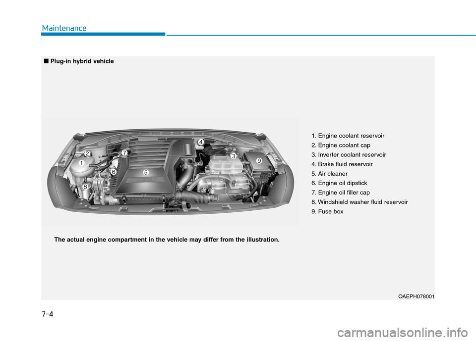 Hyundai Ioniq Hybrid 2020 User Guide 7-4
Maintenance
OAEPH078001
1. Engine coolant reservoir
2. Engine coolant cap
3. Inverter coolant reservoir 
4. Brake fluid reservoir
5. Air cleaner
6. Engine oil dipstick
7. Engine oil filler cap
8. 