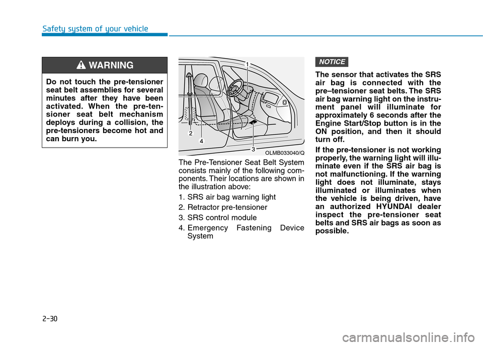 Hyundai Ioniq Hybrid 2020  Owners Manual 2-30
Safety system of your vehicle
The Pre-Tensioner Seat Belt System
consists mainly of the following com-
ponents. Their locations are shown in
the illustration above:
1. SRS air bag warning light
2