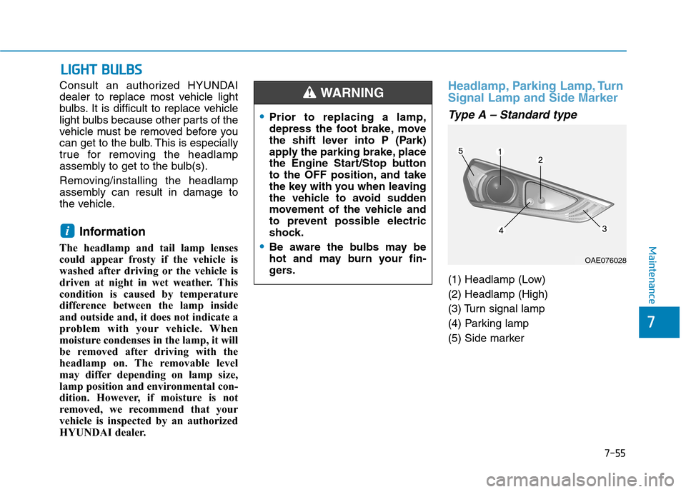 Hyundai Ioniq Hybrid 2020  Owners Manual 7-55
7
Maintenance
L LI
IG
GH
HT
T 
 B
BU
UL
LB
BS
S
Consult an authorized HYUNDAI
dealer to replace most vehicle light
bulbs. It is difficult to replace vehicle
light bulbs because other parts of the