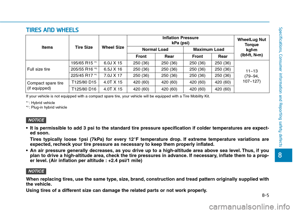 Hyundai Ioniq Hybrid 2020  Owners Manual T TI
IR
RE
ES
S 
 A
AN
ND
D 
 W
WH
HE
EE
EL
LS
S
8-5
88
Specifications, Consumer information and Reporting safety defects
If your vehicle is not equipped with a compact spare tire, your vehicle will b