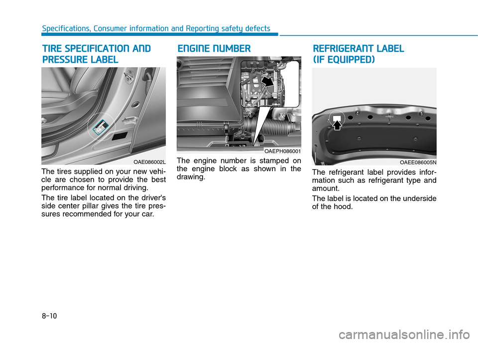 Hyundai Ioniq Hybrid 2020  Owners Manual 8-10
Specifications, Consumer information and Reporting safety defects
The tires supplied on your new vehi-
cle are chosen to provide the best
performance for normal driving.
The tire label located on