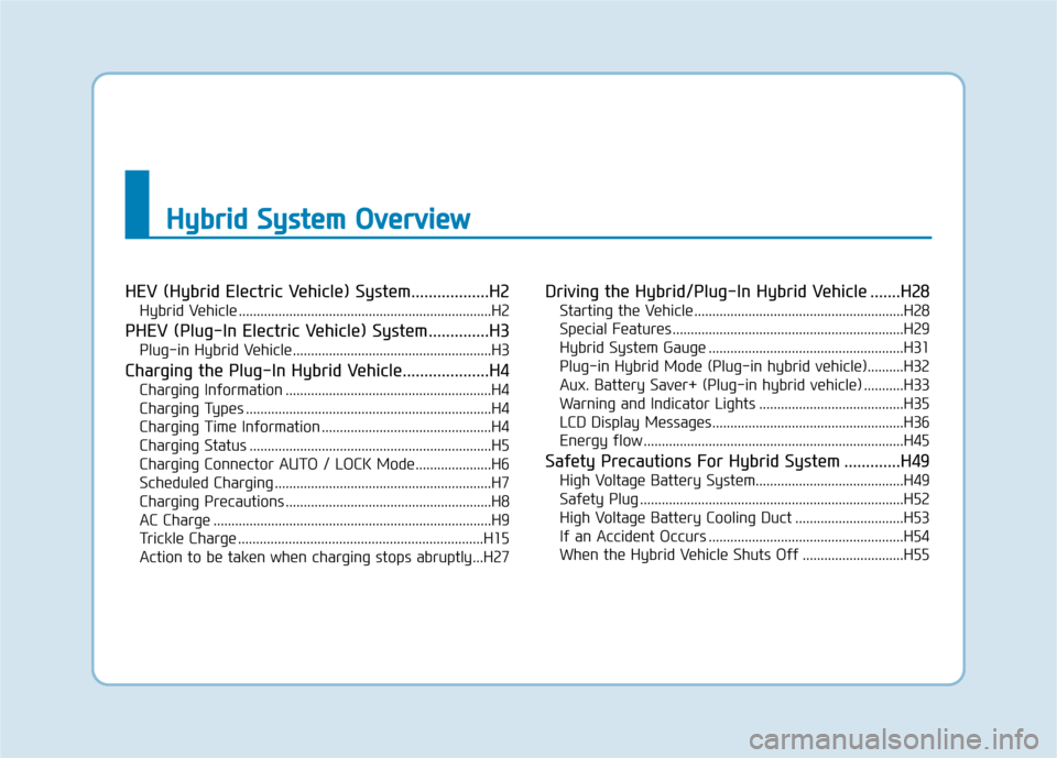 Hyundai Ioniq Hybrid 2020  Owners Manual H Hy
yb
br
ri
id
d 
 S
Sy
ys
st
te
em
m 
 O
Ov
ve
er
rv
vi
ie
ew
w
HEV (Hybrid Electric Vehicle) System..................H2
Hybrid Vehicle .............................................................