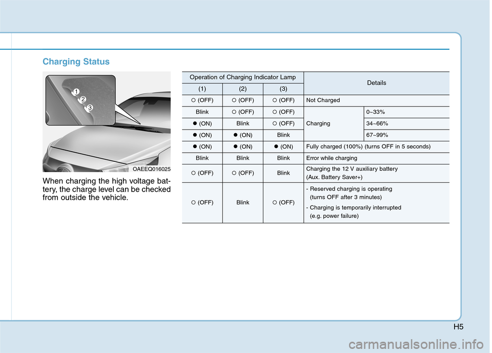 Hyundai Ioniq Hybrid 2020  Owners Manual H5
Charging Status
When charging the high voltage bat-
tery, the charge level can be checked
from outside the vehicle.
OAEEQ016025
Operation of Charging Indicator LampDetails(1)(2)(3)
(OFF)(OFF)(OF