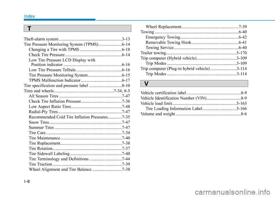 Hyundai Ioniq Hybrid 2020 Service Manual I-8
Theft-alarm system .........................................................3-13
Tire Pressure Monitoring System (TPMS) .....................6-14
Changing a Tire with TPMS ........................