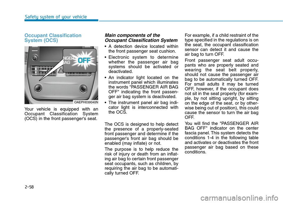 Hyundai Ioniq Hybrid 2020 Owners Manual 2-58
Safety system of your vehicle
Occupant Classification
System (OCS)
Your vehicle is equipped with an
Occupant Classification System
(OCS) in the front passengers seat.
Main components of the
Occu Hyundai Ioniq Hybrid 2020 Owners Manual 2-58
Safety system of your vehicle
Occupant Classification
System (OCS)
Your vehicle is equipped with an
Occupant Classification System
(OCS) in the front passengers seat.
Main components of the
Occu