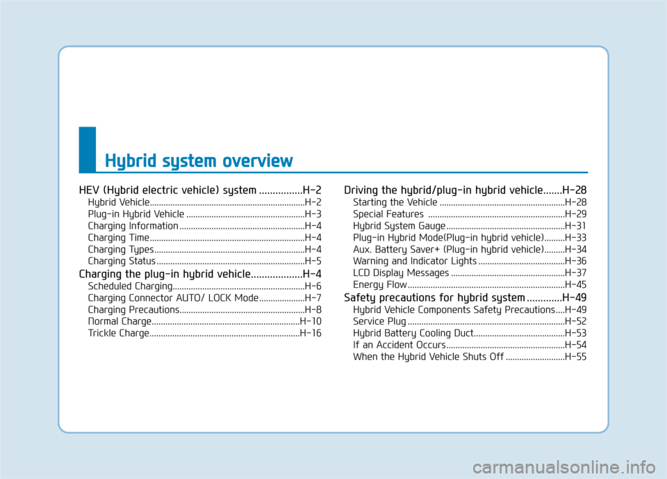 Hyundai Ioniq Hybrid 2020  Owners Manual - RHD (UK, Australia) HEV (Hybrid electric vehicle) system ................H-2
Hybrid Vehicle....................................................................H-2
Plug-in Hybrid Vehicle ..................................