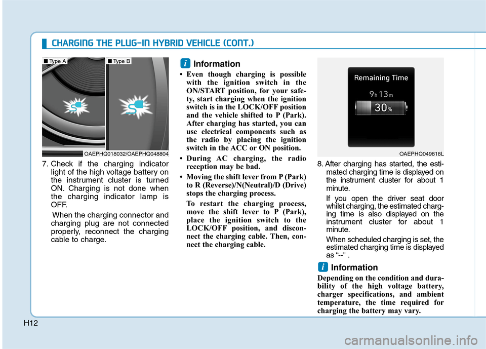 Hyundai Ioniq Hybrid 2020  Owners Manual - RHD (UK, Australia) H127. Check if the charging indicator
light of the high voltage battery on
the instrument cluster is turned
ON. Charging is not done when
the charging indicator lamp is
OFF.
When the charging connecto