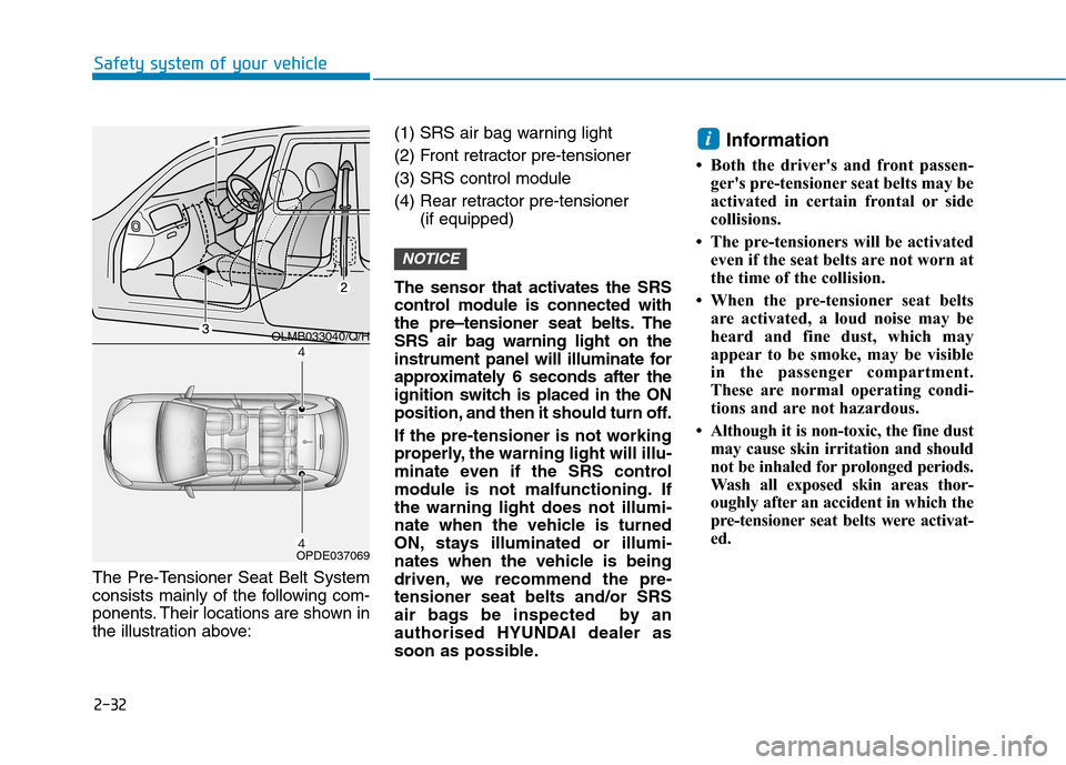 Hyundai Ioniq Hybrid 2020 Owners Manual - RHD (UK, Australia) 2-32
Safety system of your vehicle
The Pre-Tensioner Seat Belt System
consists mainly of the following com-
ponents. Their locations are shown in
the illustration above:(1) SRS air bag warning light
( Hyundai Ioniq Hybrid 2020 Owners Manual - RHD (UK, Australia) 2-32
Safety system of your vehicle
The Pre-Tensioner Seat Belt System
consists mainly of the following com-
ponents. Their locations are shown in
the illustration above:(1) SRS air bag warning light
(