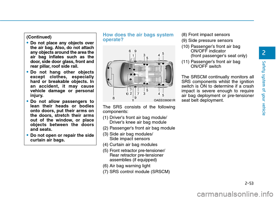 Hyundai Ioniq Hybrid 2020 Owners Manual - RHD (UK, Australia) 2-53
Safety system of your vehicle
2
How does the air bags system
operate?
The SRS consists of the following
components:
(1) Drivers front air bag module/
Driver’s knee air bag module
(2) Passenge Hyundai Ioniq Hybrid 2020 Owners Manual - RHD (UK, Australia) 2-53
Safety system of your vehicle
2
How does the air bags system
operate?
The SRS consists of the following
components:
(1) Drivers front air bag module/
Driver’s knee air bag module
(2) Passenge