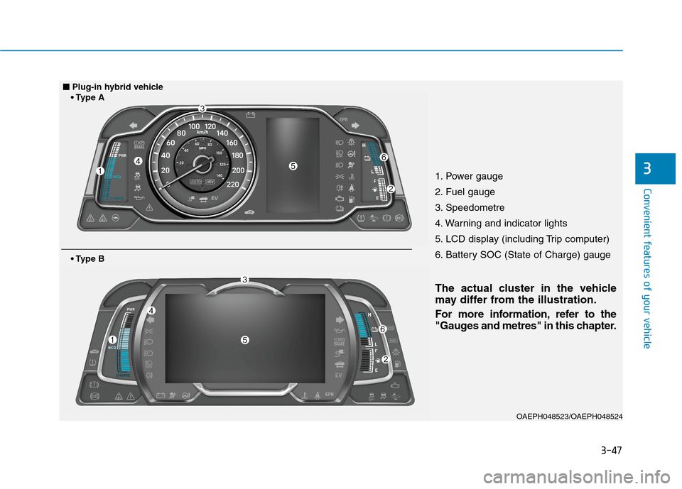 Hyundai Ioniq Hybrid 2020 Owners Manual - RHD (UK, Australia) 3-47
Convenient features of your vehicle
31. Power gauge
2. Fuel gauge
3. Speedometre
4. Warning and indicator lights
5. LCD display (including Trip computer)
6. Battery SOC (State of Charge) gauge
OA Hyundai Ioniq Hybrid 2020 Owners Manual - RHD (UK, Australia) 3-47
Convenient features of your vehicle
31. Power gauge
2. Fuel gauge
3. Speedometre
4. Warning and indicator lights
5. LCD display (including Trip computer)
6. Battery SOC (State of Charge) gauge
OA