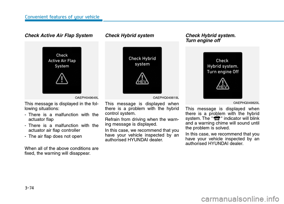 Hyundai Ioniq Hybrid 2020  Owners Manual - RHD (UK, Australia) 3-74
Convenient features of your vehicle
Check Active Air Flap System
This message is displayed in the fol-
lowing situations:
- There is a malfunction with the
actuator flap 
- There is a malfunction