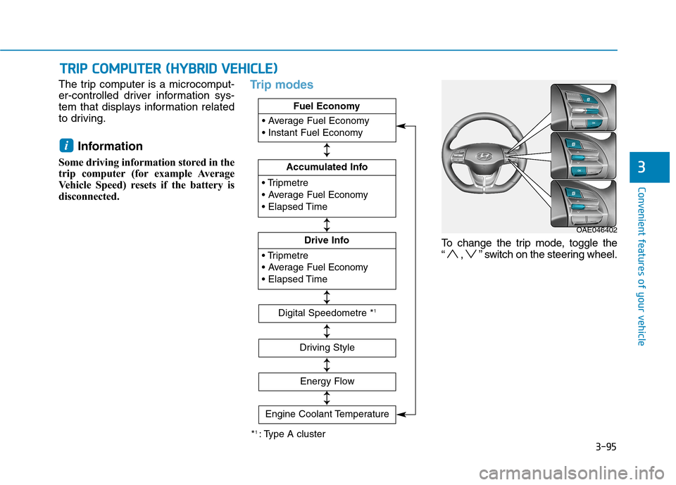 Hyundai Ioniq Hybrid 2020 Owners Manual - RHD (UK, Australia) 3-95
Convenient features of your vehicle
The trip computer is a microcomput-
er-controlled driver information sys-
tem that displays information related
to driving.
Information
Some driving informati Hyundai Ioniq Hybrid 2020 Owners Manual - RHD (UK, Australia) 3-95
Convenient features of your vehicle
The trip computer is a microcomput-
er-controlled driver information sys-
tem that displays information related
to driving.
Information
Some driving informati