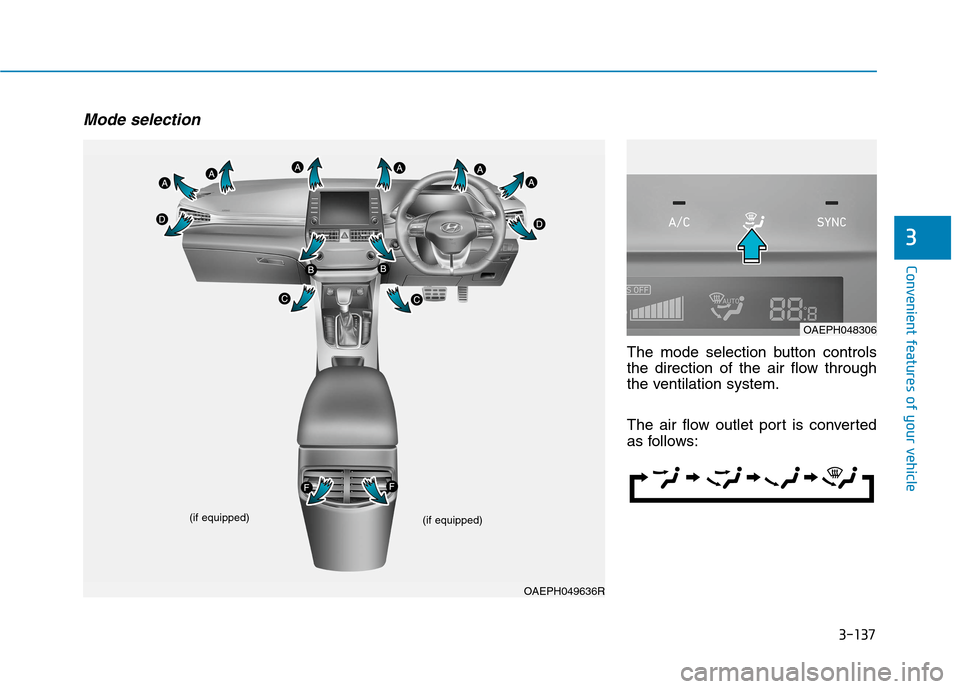 Hyundai Ioniq Hybrid 2020 Owners Manual - RHD (UK, Australia) 3-137
Convenient features of your vehicle
3
Mode selection
The mode selection button controls
the direction of the air flow through
the ventilation system.
The air flow outlet port is converted
as fol Hyundai Ioniq Hybrid 2020 Owners Manual - RHD (UK, Australia) 3-137
Convenient features of your vehicle
3
Mode selection
The mode selection button controls
the direction of the air flow through
the ventilation system.
The air flow outlet port is converted
as fol