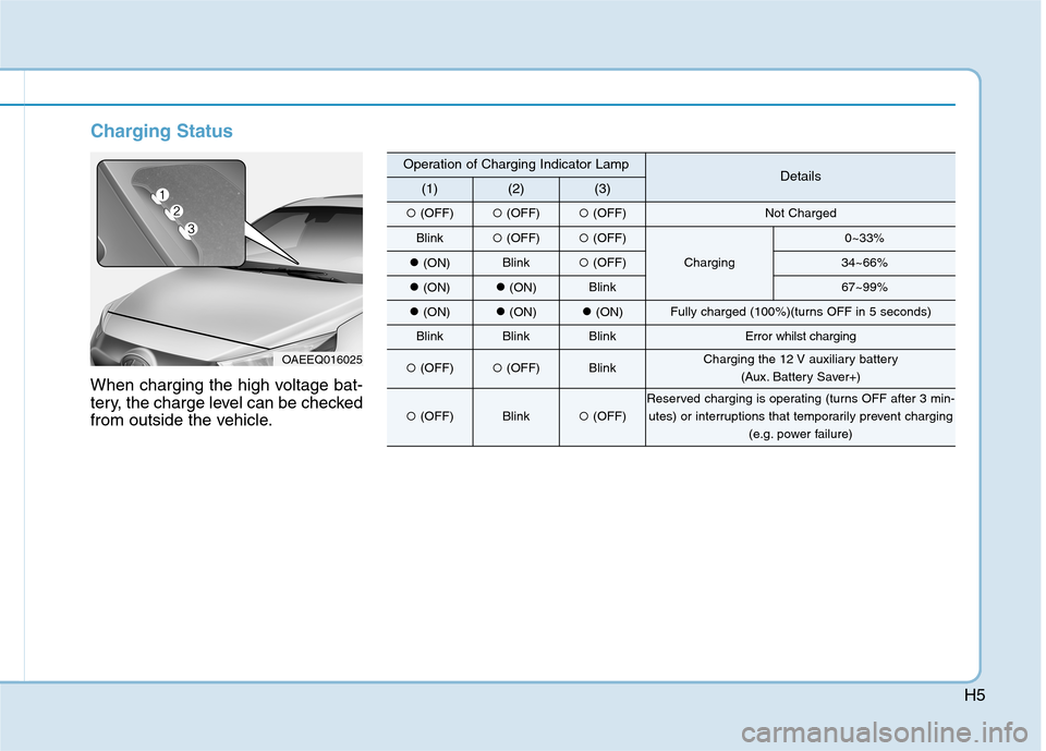 Hyundai Ioniq Hybrid 2020  Owners Manual - RHD (UK, Australia) H5
Charging Status
When charging the high voltage bat-
tery, the charge level can be checked
from outside the vehicle.
OAEEQ016025
Operation of Charging Indicator LampDetails(1)(2)(3)
(OFF)(OFF)(OF