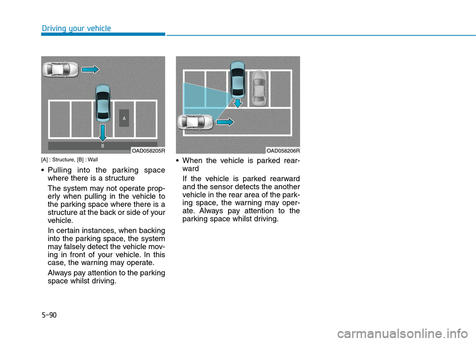 Hyundai Ioniq Hybrid 2020  Owners Manual - RHD (UK, Australia) 5-90
Driving your vehicle
[A] : Structure, [B] : Wall
 Pulling into the parking space
where there is a structure 
The system may not operate prop-
erly when pulling in the vehicle to
the parking space