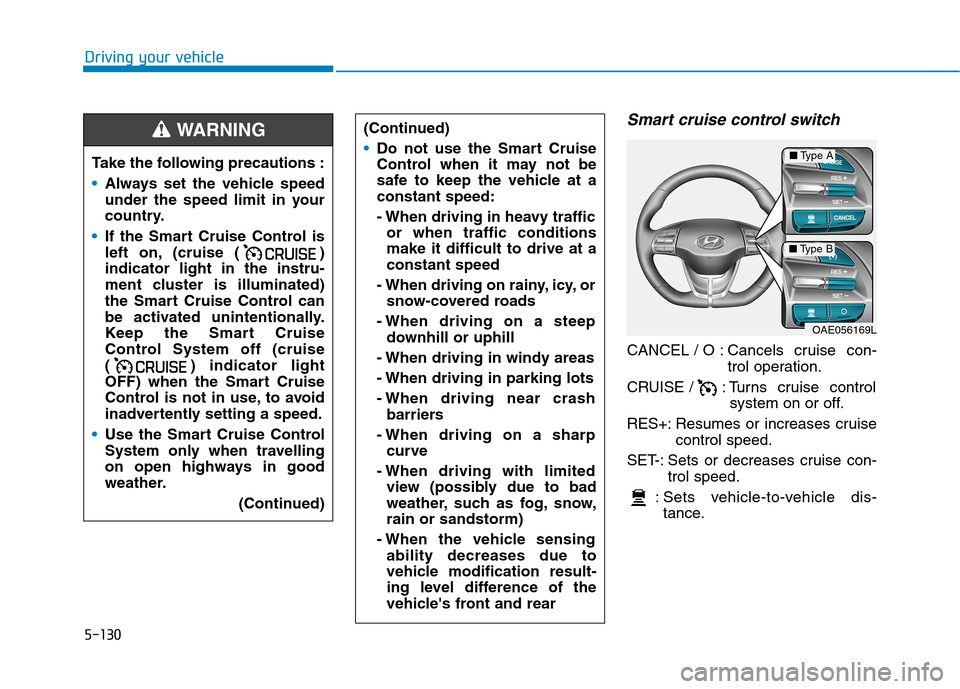 Hyundai Ioniq Hybrid 2020 Owners Manual - RHD (UK, Australia) 5-130
Driving your vehicle
Smart cruise control switch
CANCEL / O : Cancels cruise con-
trol operation.
CRUISE / : Turns cruise control
system on or off.
RES+: Resumes or increases cruise
control spe Hyundai Ioniq Hybrid 2020 Owners Manual - RHD (UK, Australia) 5-130
Driving your vehicle
Smart cruise control switch
CANCEL / O : Cancels cruise con-
trol operation.
CRUISE / : Turns cruise control
system on or off.
RES+: Resumes or increases cruise
control spe
