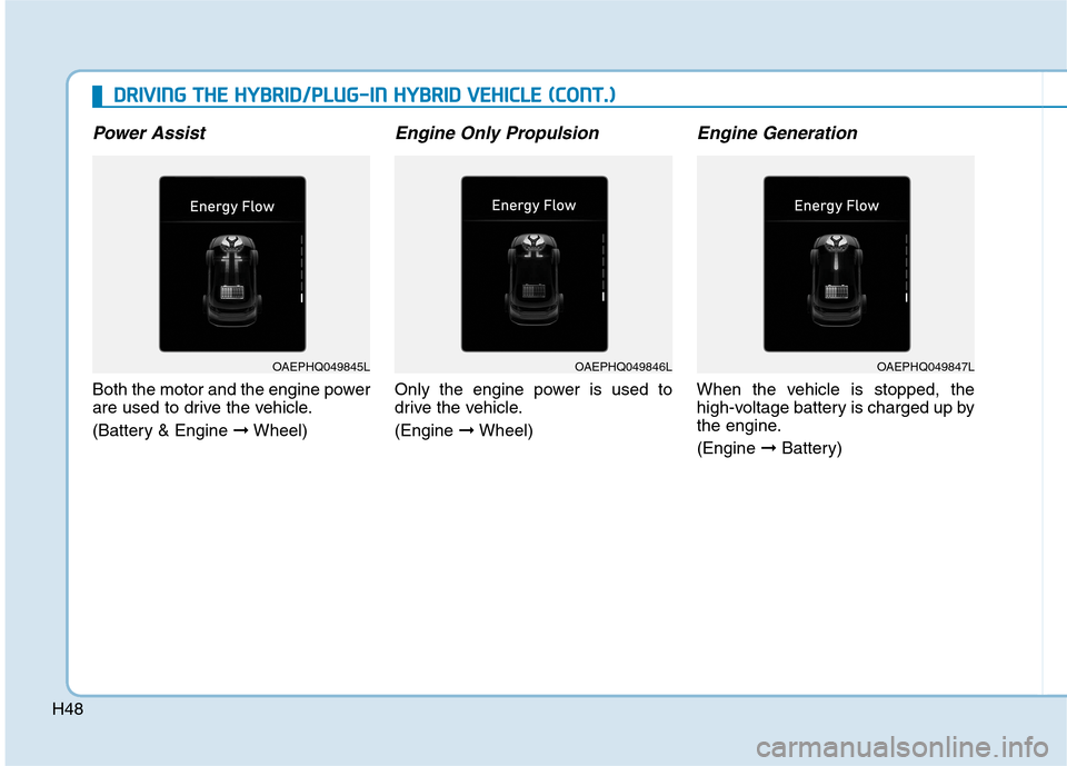 Hyundai Ioniq Hybrid 2020   - RHD (UK, Australia) Service Manual H48
Power Assist
Both the motor and the engine power
are used to drive the vehicle.
(Battery & Engine ➞Wheel)
Engine Only Propulsion
Only the engine power is used to
drive the vehicle.
(Engine ➞Wh