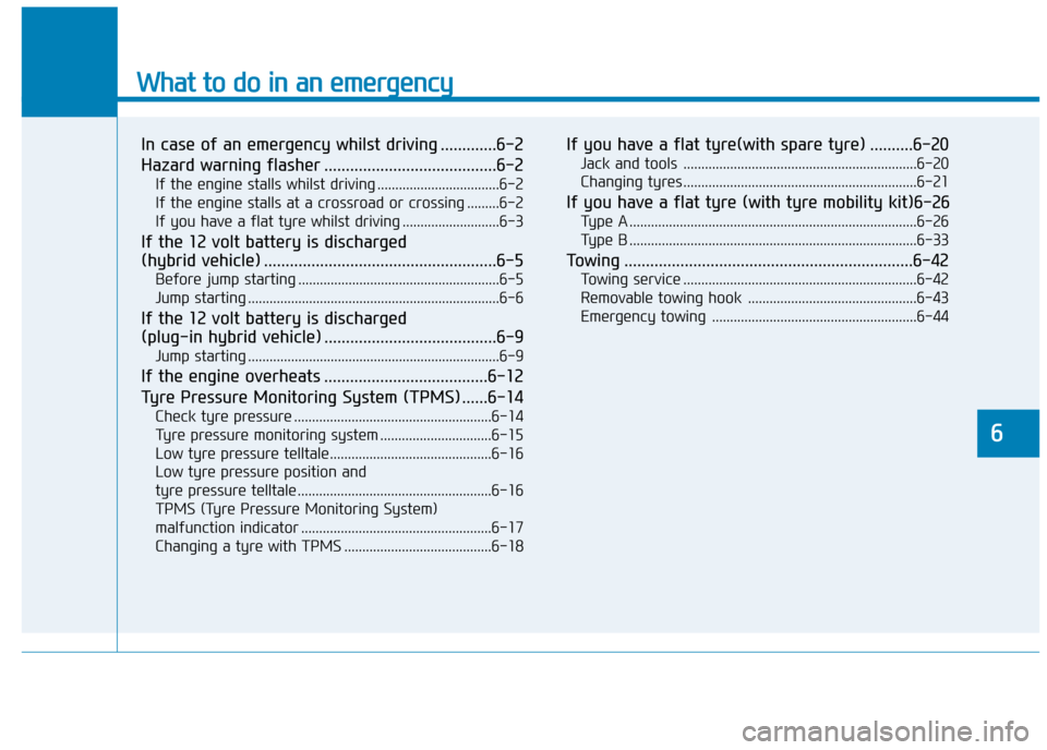 Hyundai Ioniq Hybrid 2020  Owners Manual - RHD (UK, Australia) What to do in an emergency
In case of an emergency whilst driving .............6-2
Hazard warning flasher ........................................6-2
If the engine stalls whilst driving ..............