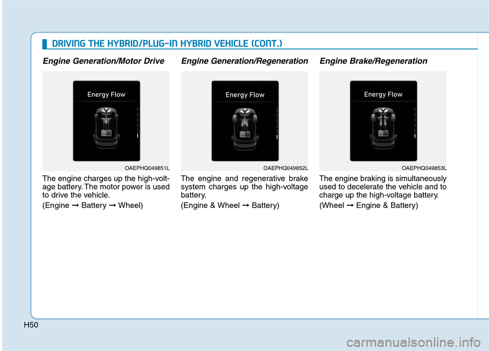 Hyundai Ioniq Hybrid 2020   - RHD (UK, Australia) Service Manual H50
Engine Generation/Motor Drive
The engine charges up the high-volt-
age battery. The motor power is used
to drive the vehicle.
(Engine ➞Battery ➞Wheel)
Engine Generation/Regeneration
The engine
