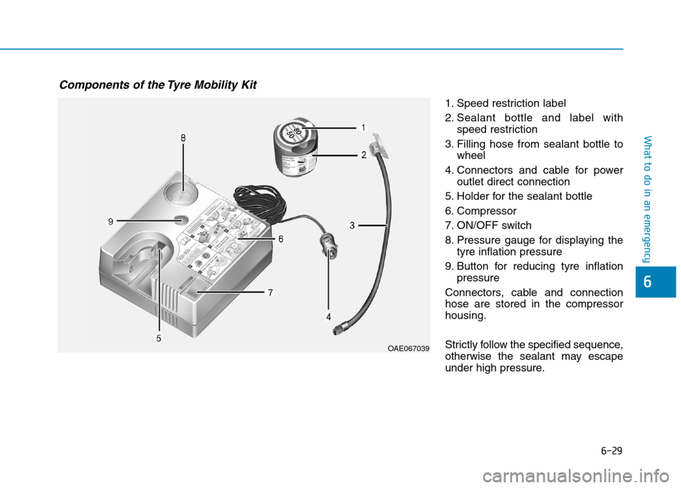 Hyundai Ioniq Hybrid 2020 Owners Manual - RHD (UK, Australia) 6-29
What to do in an emergency
6
1. Speed restriction label
2. Sealant bottle and label with
speed restriction
3. Filling hose from sealant bottle to
wheel
4. Connectors and cable for power
outlet di Hyundai Ioniq Hybrid 2020 Owners Manual - RHD (UK, Australia) 6-29
What to do in an emergency
6
1. Speed restriction label
2. Sealant bottle and label with
speed restriction
3. Filling hose from sealant bottle to
wheel
4. Connectors and cable for power
outlet di
