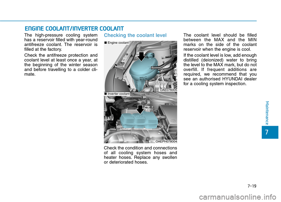 Hyundai Ioniq Hybrid 2020 Owners Manual - RHD (UK, Australia) 7-19
7
Maintenance
E EN
NG
GI
IN
NE
E
C
CO
OO
OL
LA
AN
NT
T/
/I
IN
NV
VE
ER
RT
TE
ER
R
C
CO
OO
OL
LA
AN
NT
T
The high-pressure cooling system
has a reservoir filled with year-round
antifreeze cool Hyundai Ioniq Hybrid 2020 Owners Manual - RHD (UK, Australia) 7-19
7
Maintenance
E EN
NG
GI
IN
NE
E
C
CO
OO
OL
LA
AN
NT
T/
/I
IN
NV
VE
ER
RT
TE
ER
R
C
CO
OO
OL
LA
AN
NT
T
The high-pressure cooling system
has a reservoir filled with year-round
antifreeze cool