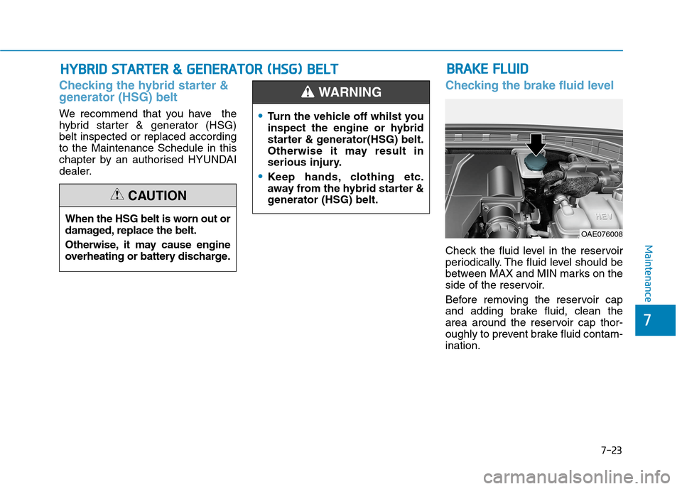 Hyundai Ioniq Hybrid 2020 Owners Manual - RHD (UK, Australia) 7-23
7
Maintenance
H HY
YB
BR
RI
ID
D
S
ST
TA
AR
RT
TE
ER
R
&
&
G
GE
EN
NE
ER
RA
AT
TO
OR
R
(
(H
HS
SG
G)
)
B
BE
EL
LT
T
Checking the hybrid starter &
generator (HSG) belt
We recommend that Hyundai Ioniq Hybrid 2020 Owners Manual - RHD (UK, Australia) 7-23
7
Maintenance
H HY
YB
BR
RI
ID
D
S
ST
TA
AR
RT
TE
ER
R
&
&
G
GE
EN
NE
ER
RA
AT
TO
OR
R
(
(H
HS
SG
G)
)
B
BE
EL
LT
T
Checking the hybrid starter &
generator (HSG) belt
We recommend that