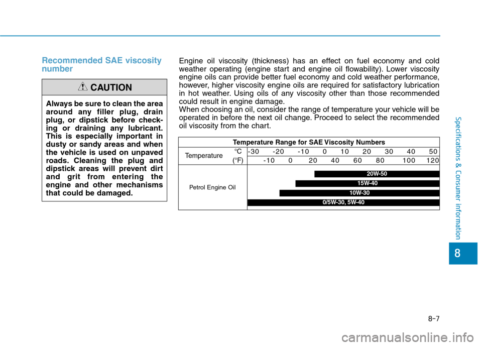 Hyundai Ioniq Hybrid 2020 Owners Manual - RHD (UK, Australia) 8-7
8
Specifications & Consumer information
Recommended SAE viscosity
number
Always be sure to clean the area
around any filler plug, drain
plug, or dipstick before check-
ing or draining any lubrican Hyundai Ioniq Hybrid 2020 Owners Manual - RHD (UK, Australia) 8-7
8
Specifications & Consumer information
Recommended SAE viscosity
number
Always be sure to clean the area
around any filler plug, drain
plug, or dipstick before check-
ing or draining any lubrican