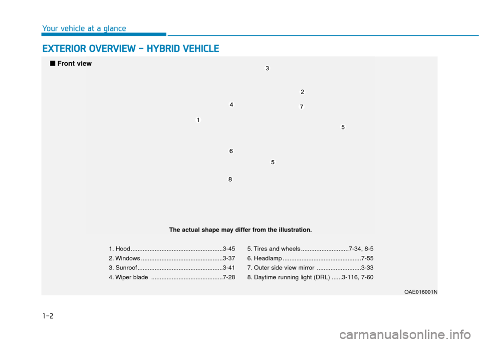 Hyundai Ioniq Hybrid 2019  Owners Manual 1-2
E
EX
X T
TE
ER
R I
IO
O R
R 
 O
O V
VE
ER
R V
V I
IE
E W
W  
 -
-  
 H
H Y
Y B
BR
RI
ID
D  
 V
V E
EH
H I
IC
C L
LE
E
Your vehicle at a glance
1. Hood .............................................