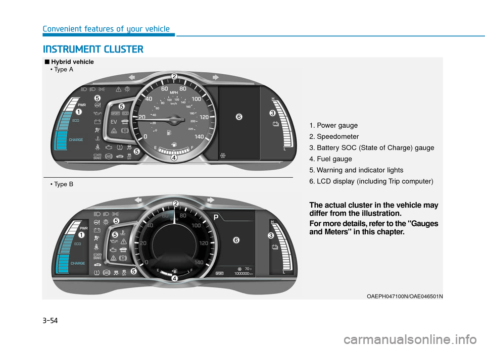 Hyundai Ioniq Hybrid 2019  Owners Manual 3-54
I
IN
N S
ST
T R
R U
U M
M E
EN
N T
T 
 C
C L
LU
U S
ST
T E
ER
R
Convenient features of your vehicle
1. Power gauge
2. Speedometer
3. Battery SOC (State of Charge) gauge
4. Fuel gauge
5. Warning a