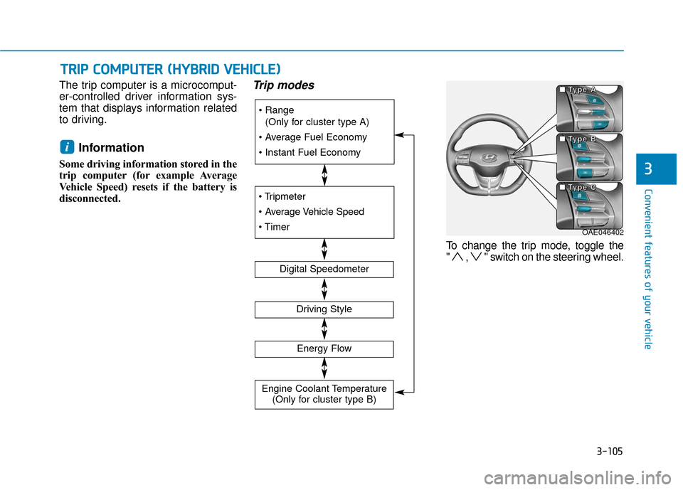 Hyundai Ioniq Hybrid 2019 Owners Manual 3-105
Convenient features of your vehicle
3
The trip computer is a microcomput-
er-controlled driver information sys-
tem that displays information related
to driving.
Information
Some driving inform Hyundai Ioniq Hybrid 2019 Owners Manual 3-105
Convenient features of your vehicle
3
The trip computer is a microcomput-
er-controlled driver information sys-
tem that displays information related
to driving.
Information
Some driving inform