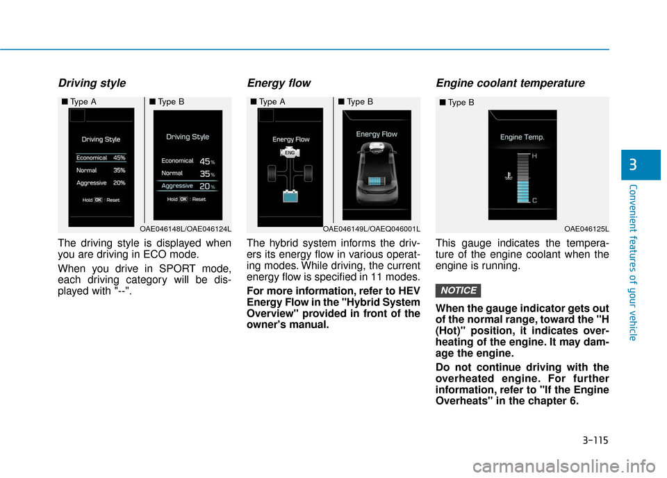 Hyundai Ioniq Hybrid 2019  Owners Manual 3-115
Convenient features of your vehicle
3
Driving style
The driving style is displayed when
you are driving in ECO mode.
When you drive in SPORT mode,
each driving category will be dis-
played with 