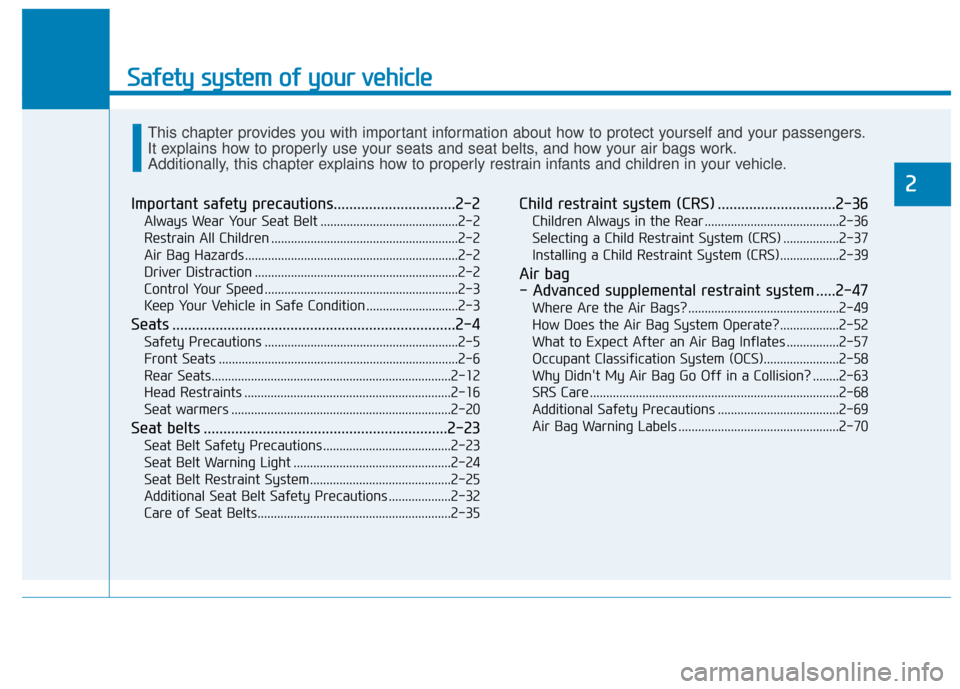 Hyundai Ioniq Hybrid 2019 Owners Guide Safety system of your vehicle
Important safety precautions...............................2-2
Always Wear Your Seat Belt ..........................................2-2
Restrain All Children ............