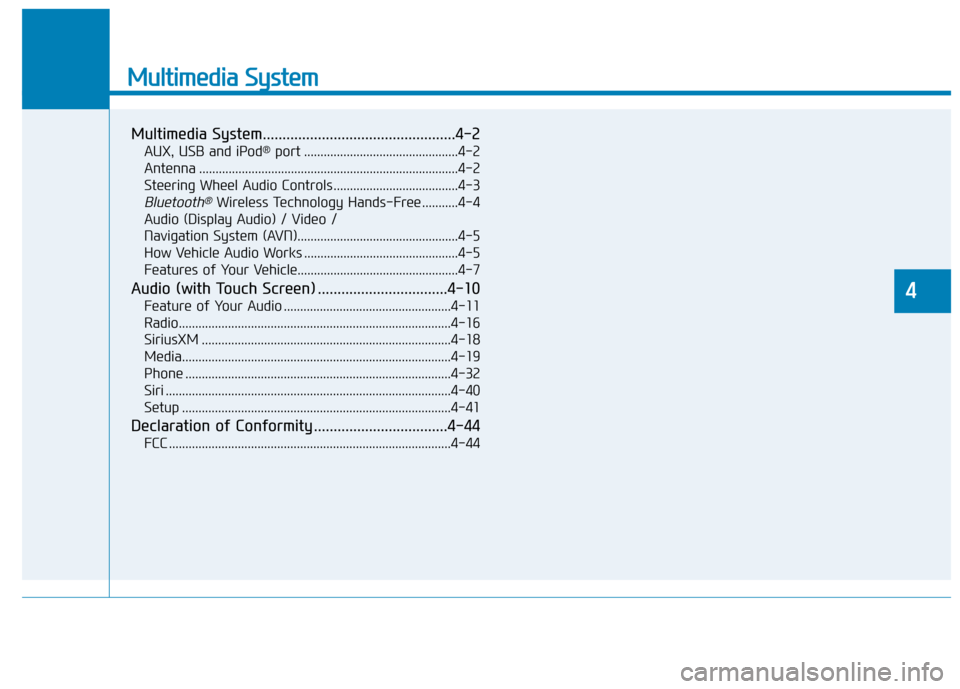 Hyundai Ioniq Hybrid 2019  Owners Manual Multimedia System
Multimedia System.................................................4-2
AUX, USB and iPod®port ...............................................4-2
Antenna .............................