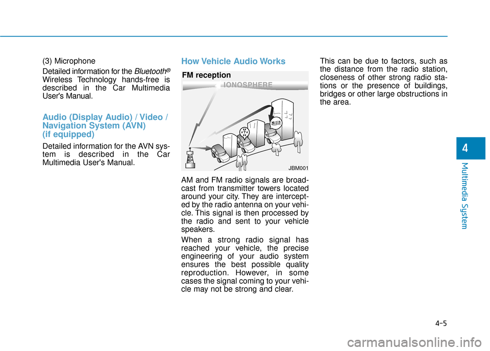 Hyundai Ioniq Hybrid 2019 Owners Manual (3) Microphone
Detailed information for the
Bluetooth®
Wireless Technology hands-free is
described in the Car Multimedia
Users Manual.
Audio (Display Audio) / Video /
Navigation System (AVN)
(if e Hyundai Ioniq Hybrid 2019 Owners Manual (3) Microphone
Detailed information for the
Bluetooth®
Wireless Technology hands-free is
described in the Car Multimedia
Users Manual.
Audio (Display Audio) / Video /
Navigation System (AVN)
(if e