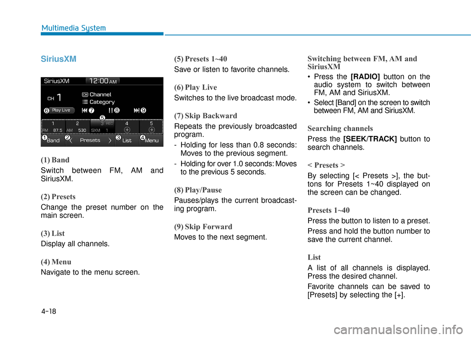 Hyundai Ioniq Hybrid 2019  Owners Manual 4-18
Multimedia System
SiriusXM
(1) Band
Switch between FM, AM and
SiriusXM.
(2) Presets
Change the preset number on the
main screen.
(3) List
Display all channels.
(4) Menu
Navigate to the menu scree