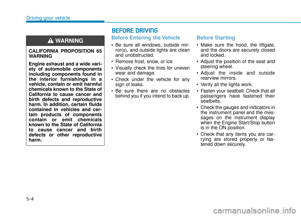 Hyundai Ioniq Hybrid 2019 Owners Manual 5-4
Driving your vehicle
Before Entering the Vehicle
• Be sure all windows, outside mir-ror(s), and outside lights are clean
and unobstructed.
Remove frost, snow, or ice.
Visually check the tires Hyundai Ioniq Hybrid 2019 Owners Manual 5-4
Driving your vehicle
Before Entering the Vehicle
• Be sure all windows, outside mir-ror(s), and outside lights are clean
and unobstructed.
Remove frost, snow, or ice.
Visually check the tires