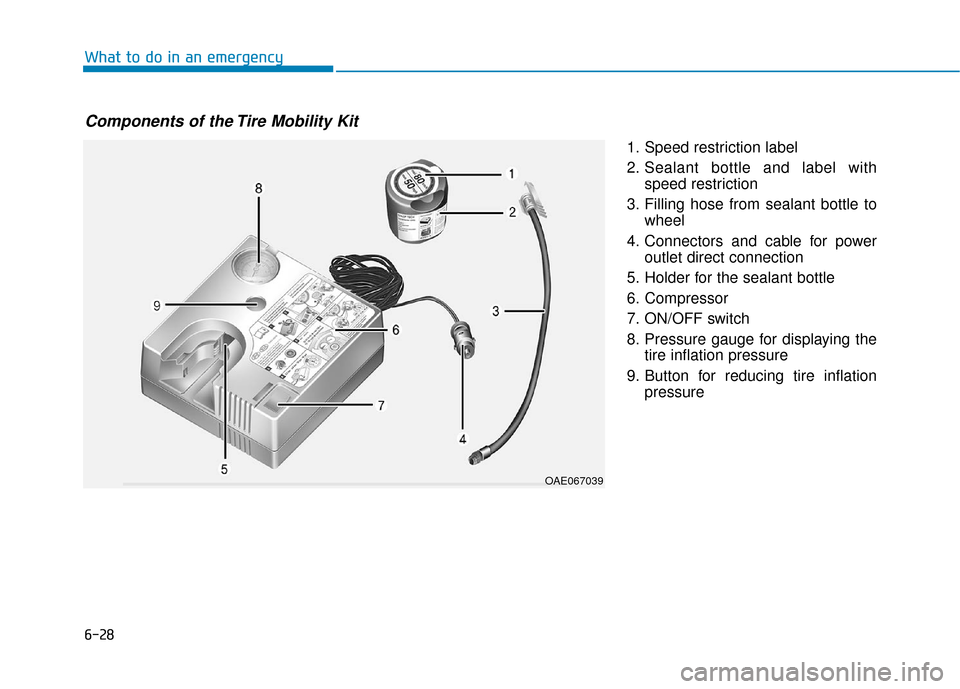Hyundai Ioniq Hybrid 2019  Owners Manual 6-28
What to do in an emergency1. Speed restriction label
2. Sealant bottle and label withspeed restriction
3. Filling hose from sealant bottle to wheel
4. Connectors and cable for power outlet direct