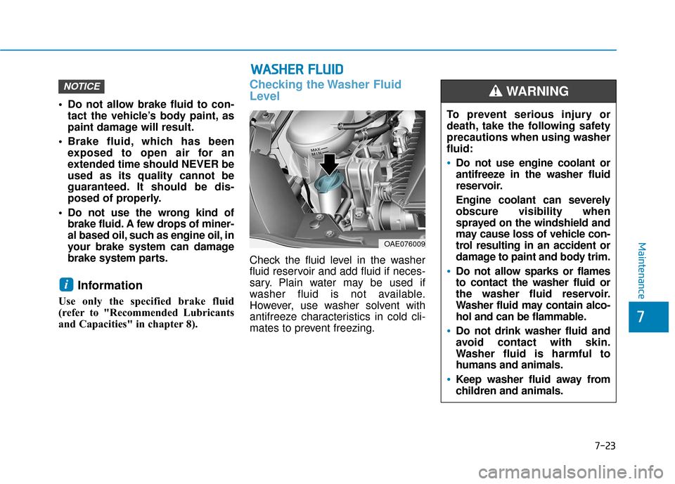 Hyundai Ioniq Hybrid 2019  Owners Manual 7-23
7
Maintenance
 Do not allow brake fluid to con-tact the vehicle’s body paint, as
paint damage will result.
 Brake fluid, which has been exposed to open air for an
extended time should NEVER be
