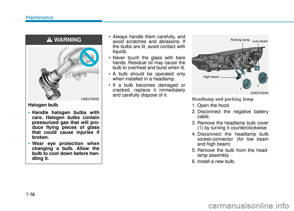 Hyundai Ioniq Hybrid 2019 User Guide 7-56
Maintenance Always handle them carefully, andavoid scratches and abrasions. If
the bulbs are lit, avoid contact with
liquids.
 Never touch the glass with bare hands. Residual oil may cause the
bu