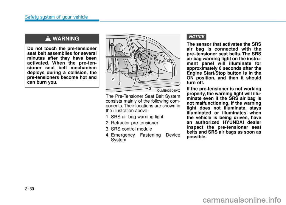 Hyundai Ioniq Hybrid 2019  Owners Manual 2-30
Safety system of your vehicleThe Pre-Tensioner Seat Belt System
consists mainly of the following com-
ponents. Their locations are shown in
the illustration above:
1. SRS air bag warning light
2.